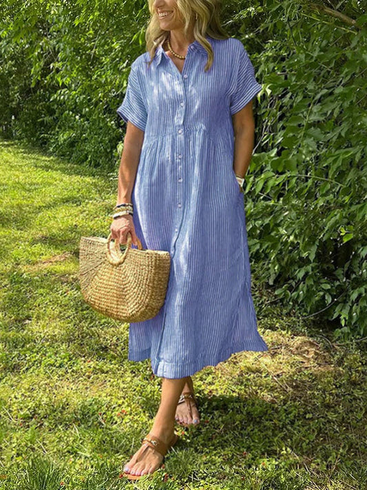 2026🔥Rochie cămașă cu dungi, guler și nasturi | Cu buzunare funcționale