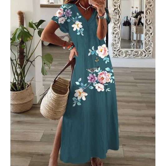 🌸🌿 Rochie Lungă cu Imprimeu Floral – Decolteu în V, Lejeră și Elegantă, 5 Culori ✨