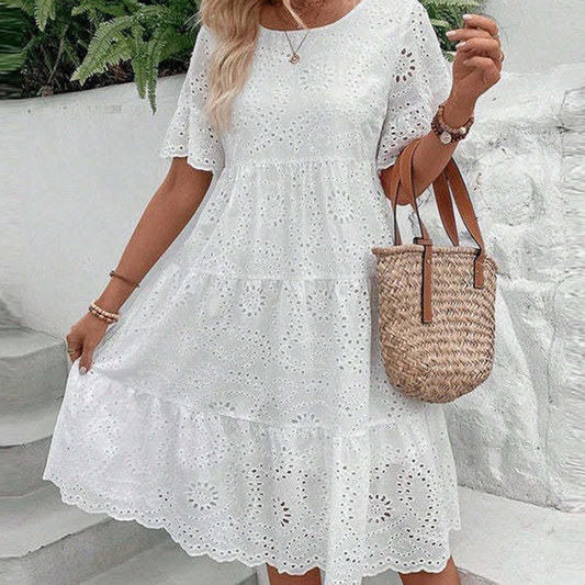 🌬️🌿Rochie de culoare solidă cu decolteu rotund și decupaj floral👗
