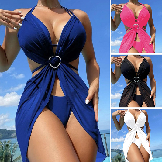 ☀️🏝️ Едноцветен Бикини с Вратна Лента 3-Частен Комплект 🏖️👙