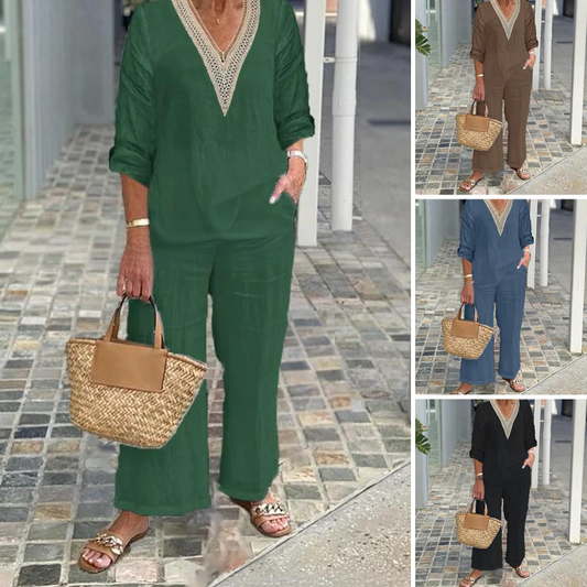 【40-100KG】【S-3XL】✨Top cu decolteu în V și pantaloni cu picior lat pentru femei