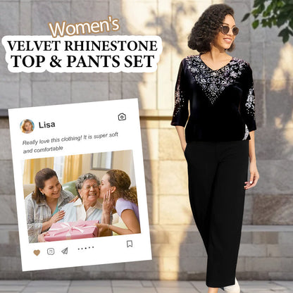 Set de bluză și pantaloni din catifea cu strasuri pentru femei