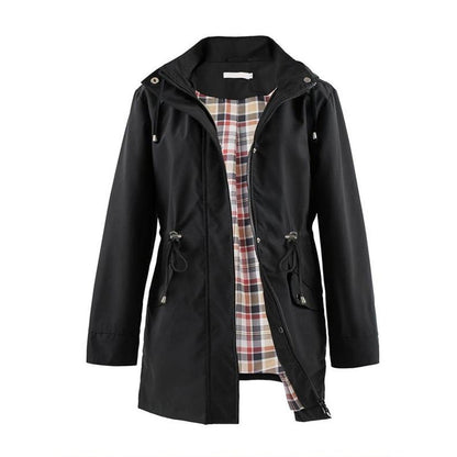 🧥ロングフード付きドローストリングウエスト絞りジッパーウィンドブレーカー