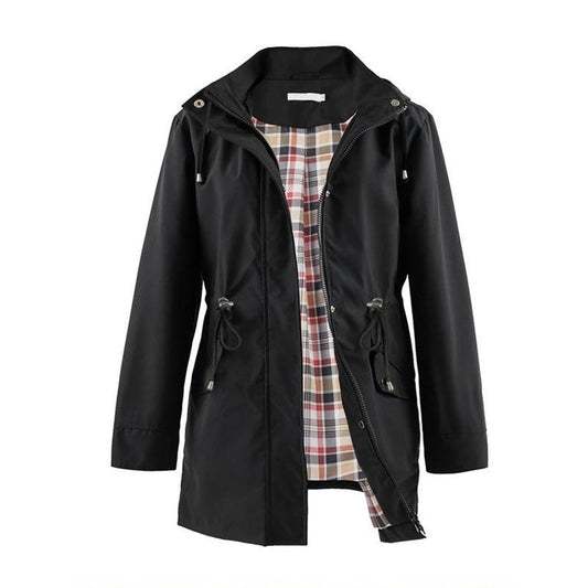 🧥ロングフード付きドローストリングウエスト絞りジッパーウィンドブレーカー