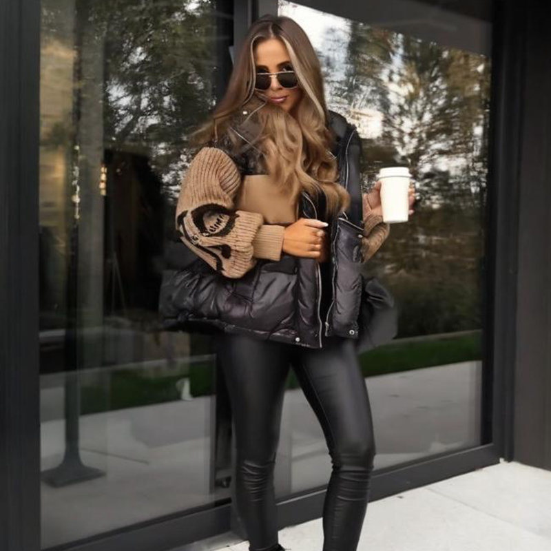 Blouson bouffant à capuche à manches en tricot patchwork pour femme