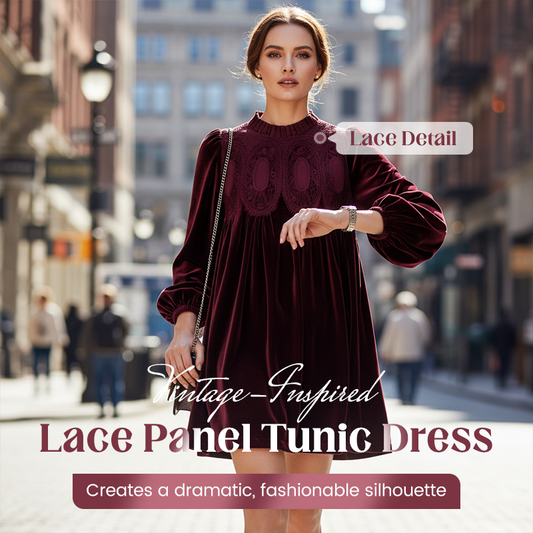 Rochie tunică cu panouri din dantelă, inspirată din stilul vintage