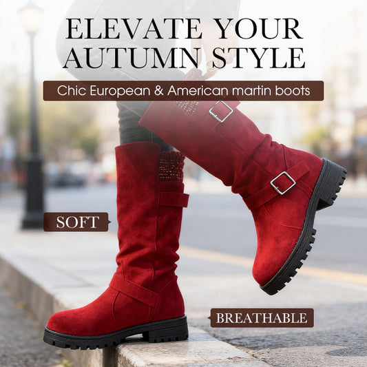 🍂✨ Cizme Tip Slouchy din Piele Velură, Catarame Metalice, Mansetă Tricotată, Talpă Groasă — Roșu, Gri, Negru, Kaki — EU36-43 👢