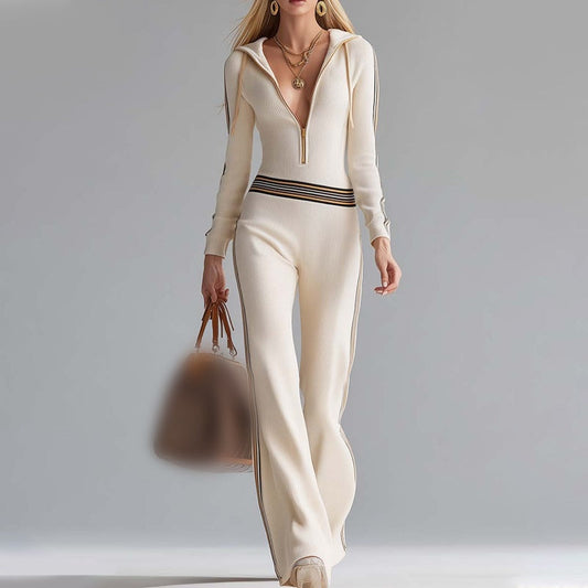 🔥Ofertă pentru noile sosiri - Salopetă tricotată cu glugă, decolteu în V și fermoar pentru femei