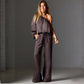 Set elegant din top cu un umăr din satin și pantaloni largi