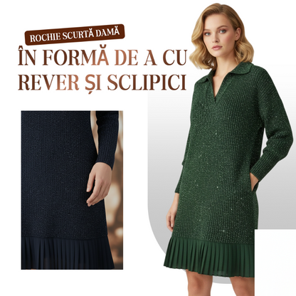 Rochie Scurtă Damă cu Croială în Formă de A cu Rever și Sclipici