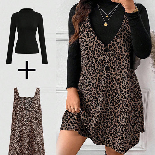 Set rochie și top cu imprimeu leopard, cu aspect stratificat