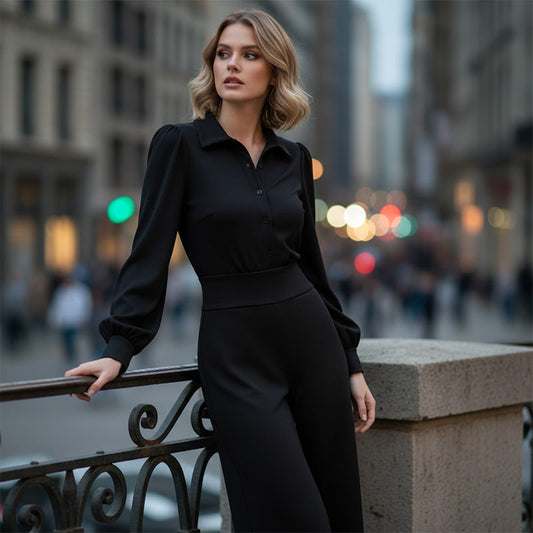 🔥Ofertă limitată - Set pentru femei cu bluză cu rever și pantaloni largi