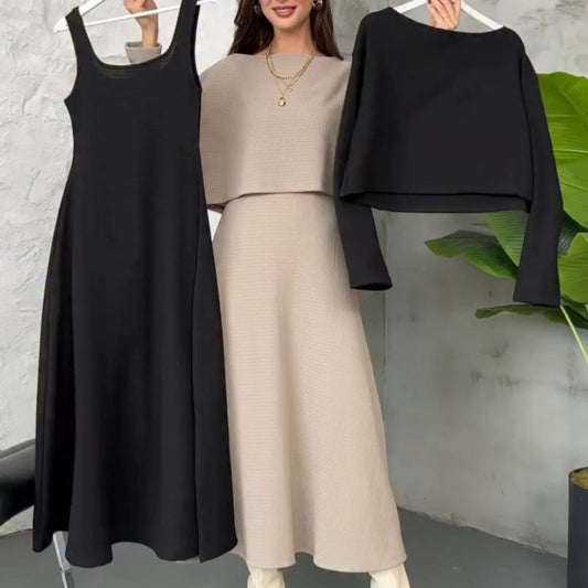Ținute din tricot din două piese pentru femei Rochie midi fără mâneci și top scurt