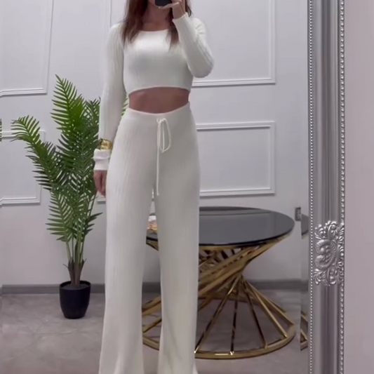 Set casual din 2 piese, pulover și pantaloni cu nervuri