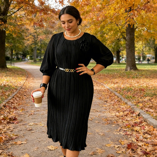 Rochie midi plisată cu mâneci 3/4 și curea pentru femei