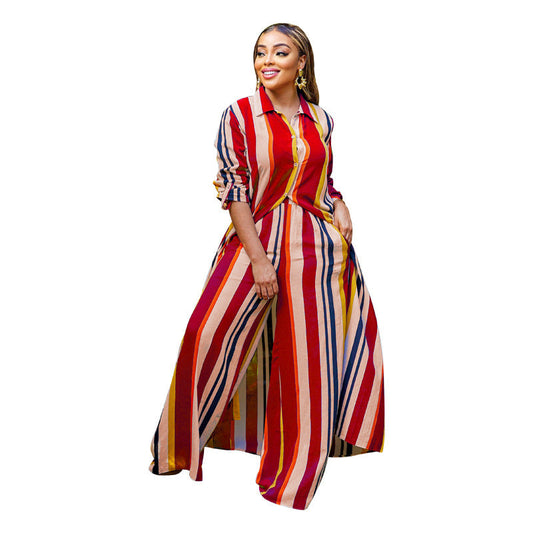 Set din două piese pentru femei: salopetă cu mâneci lungi în dungi + pantaloni