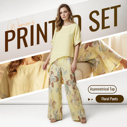Set din 2 piese pentru femei: top asimetric și pantaloni cu imprimeu floral