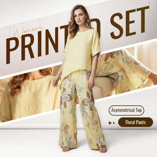 Set din 2 piese pentru femei: top asimetric și pantaloni cu imprimeu floral