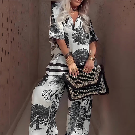 ✨ Set de top cu decolteu în V și pantaloni lungi, imprimeu casual pentru femei – Confortabil, Stilizat și Ușor de purtat în fiecare zi 👚👖💖