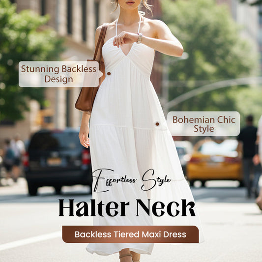 🔥😍Rochie maxi cu gât halter, fără spate și în straturi🏖️