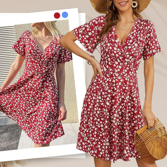 👗😍Rochie elegantă pentru femei, cu imprimeu floral, decolteu în V și mâneci scurte🏖️