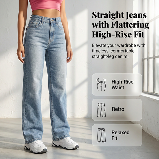 ✨👖Blugi din denim pentru femei, cu talie înaltă și croi drept💟