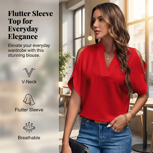💥😍Bluză pentru femei cu decolteu în V, umeri decupați și mâneci fluturate👕