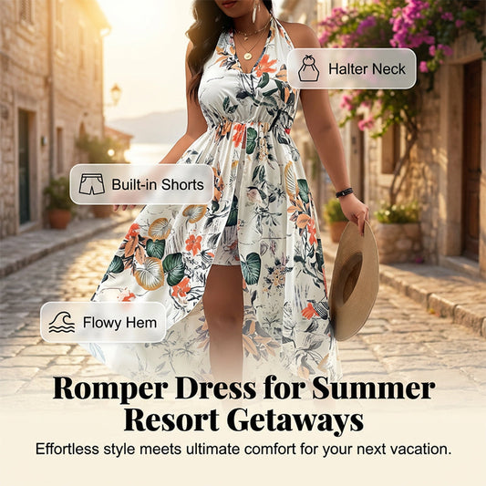 🌸🌹👗Rochie-salopetă pentru femei, cu imprimeu floral, decolteu halter și croi asimetric