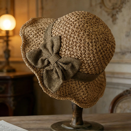 🎀👒Pălărie de soare elegantă din paie țesută cu fundă🏖️