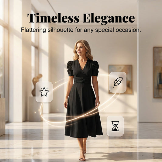 🌞Elegant V-Neck High Waist Dress with Puff Sleeve