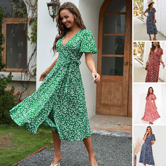 😻👗Rochie elegantă cu imprimeu floral și decolteu în V🌬️