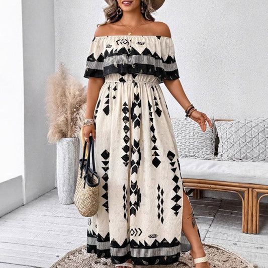 🌼🦋Rochie lungă la modă pentru femei, cu imprimeu și umeri descoperiți, cu fante laterale