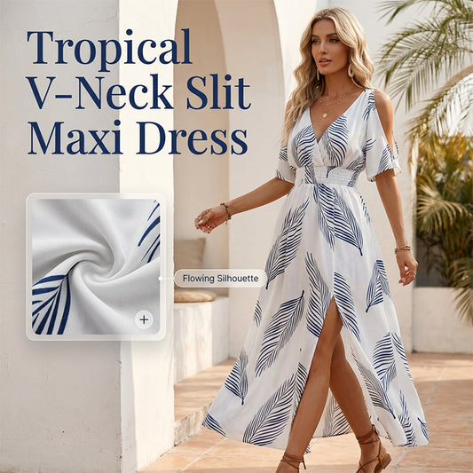 👗 50% REDUCERE ACUM! 🌞Rochie maxi cu decupaje pe umeri și imprimeu tropical