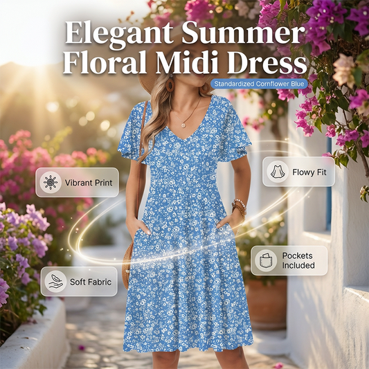 🎁Noutăți cu 50% reducere💥Rochie midi pentru femei cu decolteu în V și imprimeu floral