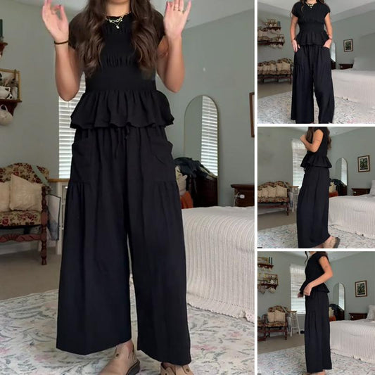 😍【S-XL】🌿Set pentru femei compus din bluză plisată și pantaloni cu croi larg