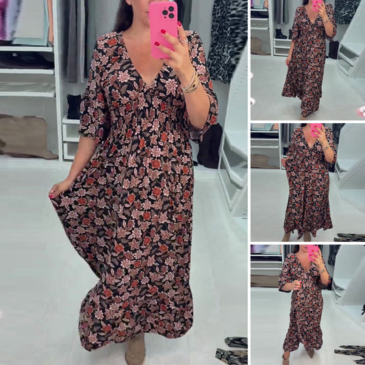 💓Rochie lungă cu imprimeu și decolteu în V, cu mâneci 3/4❣️💝