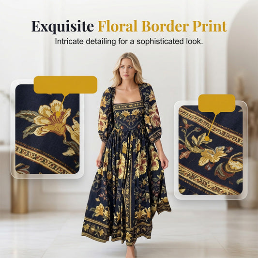 ❤️Rochie lungă cu guler pătrat și imprimeu floral retro👗