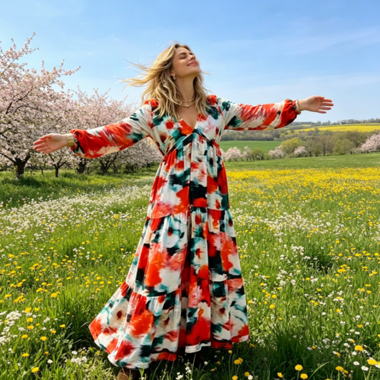 【S-5XL】😍Rochie lungă cu mâneci lungi și decolteu în V, în stil tie-dye, pentru femei