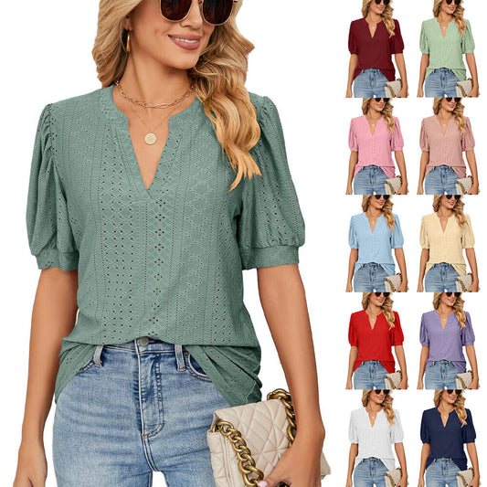 🌬️👕Top din tricou cu mâneci cu bule goale, în culoare solidă