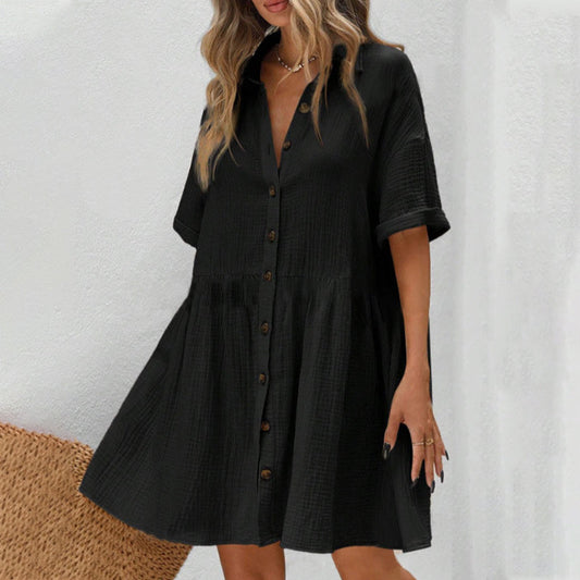 Rochie midi cu guler de cămașă, mânecă scurtă și nasturi
