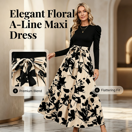 Rochie Maxi cu Mânecă Lungă, Croială în Linia A, cu Motive Florale pentru Femei