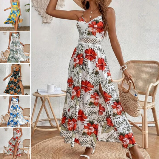 Rochie vaporoasă pentru femei cu imprimeu floral, fanta înaltă și bretele subțiri