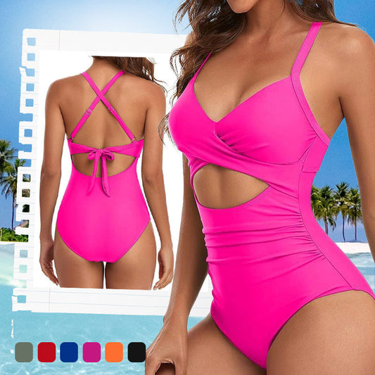 Costum de baie modelator pentru femei, cu croială decupată în față și nervuri solide