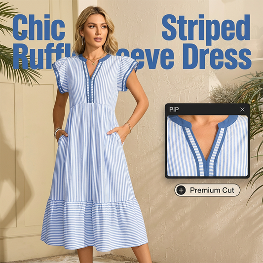 🎉Ofertă specială de Ziua Mamei!❤️Rochie midi cu dungi, decolteu în V și mâneci flutter pentru femei
