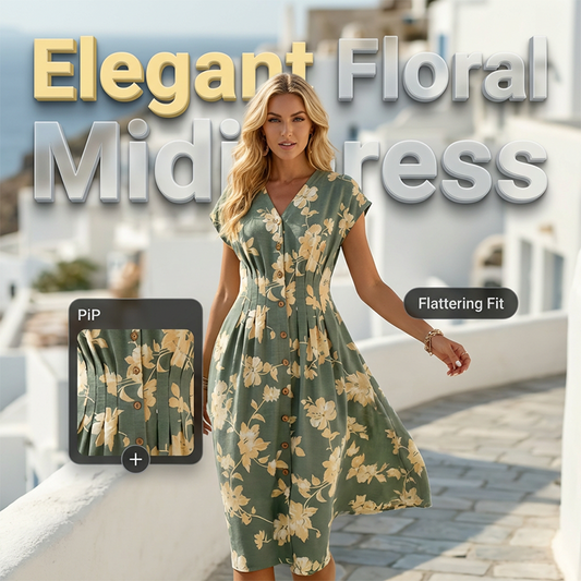 🎉Ofertă specială de Ziua Mamei❤️Rochie midi cu decolteu în V, imprimeu floral și nasturi pentru femei