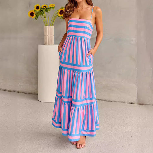 🎉Promoție de sărbători!❤️Rochie maxi Randig cu blocuri de culoare și bretele subțiri