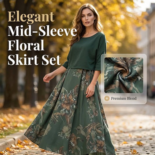 🎉Ofertă specială de Ziua Mamei❤️Set de bluză cu mânecă midi și rochie imprimată pentru femei