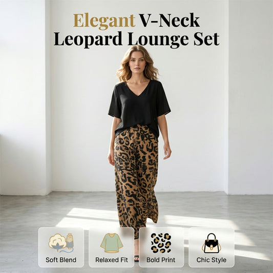 🎉Oferte speciale de sărbători😍Set de top cu decolteu în V și pantaloni cu imprimeu leopard pentru femei