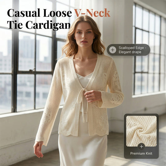 Cardigan Casual, Decoltat în V, Lejer, cu Legături și Decupaje