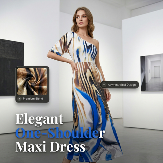 Rochie maxi pentru femei, cu un singur umăr și imprimeu abstract